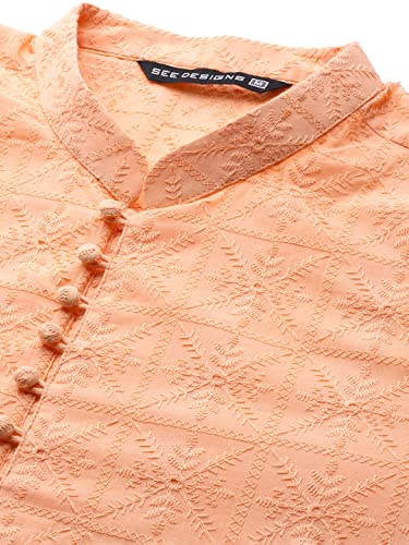 Image of See Designs Men Peach Pure Cotton Chikankari Embroidered Straight Kurta