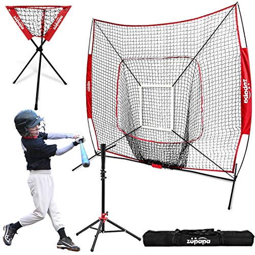 Zupapa 7x7 Feet Baseball Softball Hitting Pitching Net Tee Caddy Set with Strike