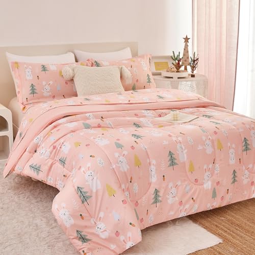 Image of Yibeizi Pink Bunny Kids Comforter Set for Girls Full Cute Bedding