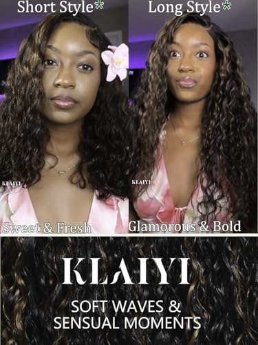 Image of KLAIYI Golden Brown Water Wave Bye Bye Knots Glueless Wig Human Hair Highlight 7x5 Precut Lace Front Pre Plucked Bleached Ombre 3S Ready to Wear Go Beginners Wig with Dark Roots Deep Curly Wave 22Inch
