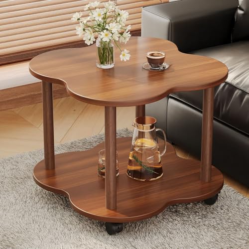 コー??ヒーテーブル 丸 キャスター付き 木 高さ53cm 天板直径40/50/60cm 二段 小さめ 四つ葉のクローバー 移動可能 大容量収納 ローテーブル ソファサイド ベッドサイド リビングルーム 寝室 勉強 (四つ葉のクローバー【車輪付き】, ダー