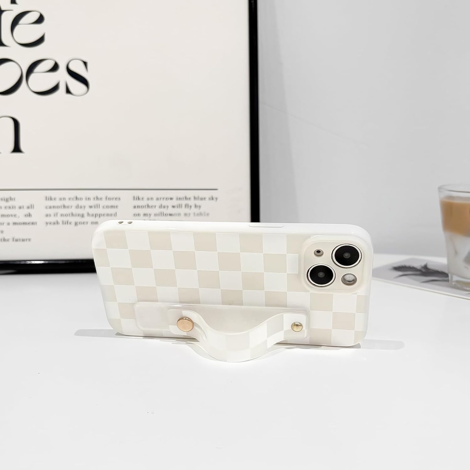 NITITOP Compatible with iPhone 14 Case with Wrist Strap Kickstand Cute Trendy Checkerboard Plaid for Women Girls Slim Fit TPU Silicone Shockproof Full Camera Protective Cover - White - Image 6