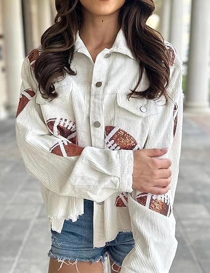 Women's Cropped Corduroy Jacket Football Sequin Patched Short Button Raw Hem Jacket Coat Rugby Vintage Shacket Coat (US, Alpha, Medium, Regular, Regular, White)2