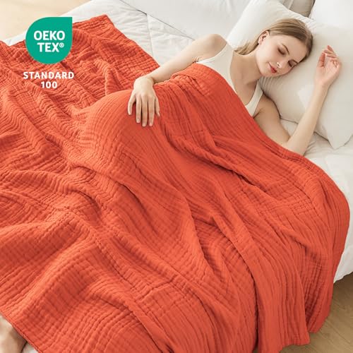 Image of EMME Cotton Muslin Large Throw Blanket Couch Breathable Gauze Soft Lightweight Bed Blankets Adults (Heather Orange Rust, 50 inchx70 inch)