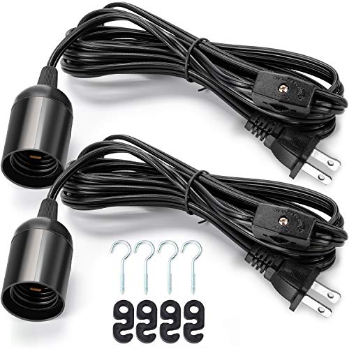 JACKYLED Extension Hanging Lantern Cord Cable UL 2-Pack 12Ft 360W with E26 E27 Socket Gear Switch + Hooks + 2-Prong US AC Power Plugs Pendant Lighting Bulb Lamp for Kitchen Bedroom Bathroom(Black)