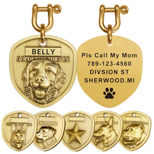 Personalized Dog ID Tag, Brass Shield Design with Custom Text, Multiple Breed Options - French Bulldog, German Shepherd (Golden Retriever)