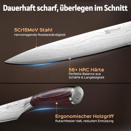 Foto von PAUDIN 3-tlg Küchenmesserset, 5Cr15MoV Stahl Pakkaholzgriff Superscharf