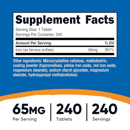 Nutricost Iron (As Ferrous Sulfate) 65mg, 240 Tablets, Gluten Free - Image 2