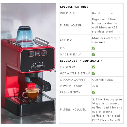 Image of Gaggia Espresso Evolution Red | PID Boiler Temperature Controller | Coffee Machine Made in Italy | Automatic Pre-Brewing | Portafilter 53 mm | Espresso Machine with Pump | American