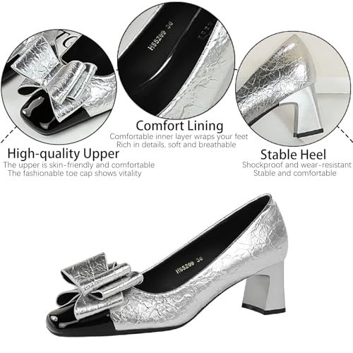 Women's Bow Printed Leather Chunky Heels Pumps Fashion Comfortable Closed Square Toe Slip On Mid Heel Dress Shoes for Party Date Office Wedding3