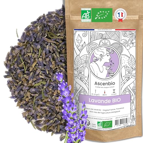 Ascenbio ✿ Fleurs de Lavande de Provence séchées Bio ✿ France 100% Pur ✿ 180g Vrac ✿ pour Tisane Relaxation ✿ Préparé et conditionné en France ✿ Emballage biodégradable