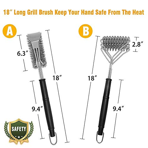 18-Inch Grill Brush Set (1 X Bristle Free Brush, 1 X Scraper Brush ), Bbq Brush For Grill Cleaning, Outdoor Grill Cleaning Tools, Stainless Steel, 2 Pcs #TOP1