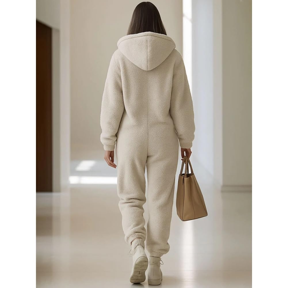 Pigiama intero da donna in pile con cappuccio, cerniera a lunghezza intera e tasche laterali per una vestibilità calda e confortevole
