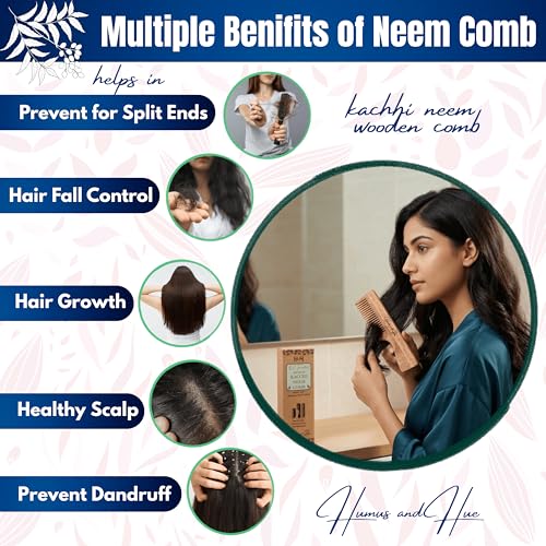 Image of Humus & Hue Premium Oil Treated Kachhi Neem Wooden Comb Set Pack of 2, Neem Comb for Hair Growth, Hair fall & Dandruff Control, Detangling comb, anti static Wooden Hair Comb for Women and Men | Dual & wide tooth comb handle