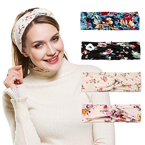 Women Headband Yoga Large Wide Bohomia Hair Bands Stretchy Fabric Headwrap 4 pack