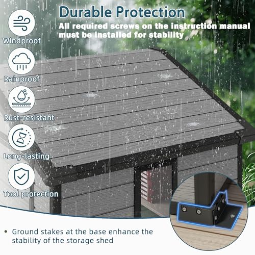 Image of 6X4FT Plastic Storage Shed with Floor, Resin Storage Shed with Drainage Channel & Lockable Door, Outdoor Plastic Sheds Suitable for Bikes, Furniture, Gardening Tools