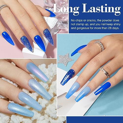 AZUREBEAUTY Dip Powder Nail Kit Starter, 4 Color Blue Dark Colors Set, French Nail Art Base Top Coat Activator Essential Liquid Manicure DIY Salon 12 PCS