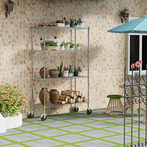 Raynesys Wire Shelving With 4" Wheels, 2400Lbs Heavy Duty 4-Tier Shelving Metal Shelves, 48X18X72In Steel Wire Storage Shelf Commercial Grade Adjustable Utility Rack For Garage, Kitchen, Chrome #TOP7