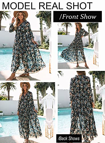 Image of BLENCOT Womens Casual Boho Floral Printed V Neck Long Sleeve Long Maxi Dress Spring Summer Dresses