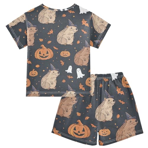 ALAZA Halloween Capybara Bat Pumpkin Pajamas Short Sleeve 2 Piece Sleepwear Top and Bottom Pajama Set Unisex2