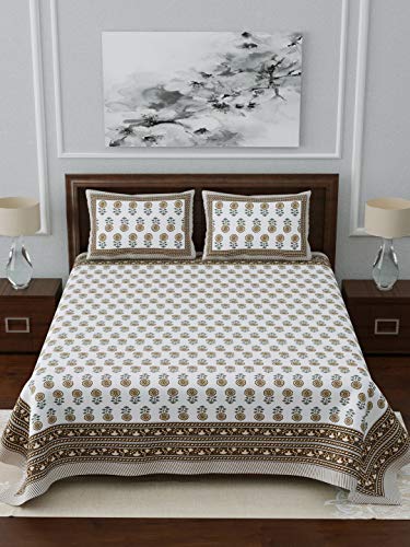 Image of Living Roots Ethnic Rajasthani /Jaipuri /Sanganeri Block Print 100% Cotton Super King Size 100 * 108 Bedsheet with 2 Pillow Covers (41C)