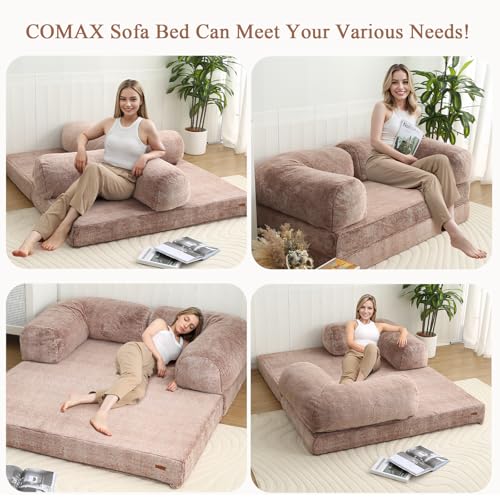 COMAX 4-in-1 Futon Sofa Bed, Queen Size Foldable Couch with L-Shaped Armrests, Convertible Sleeper Chair Bed, Comfortable Lounge Mattress for Living Room and Bedroom, Snow Brown
