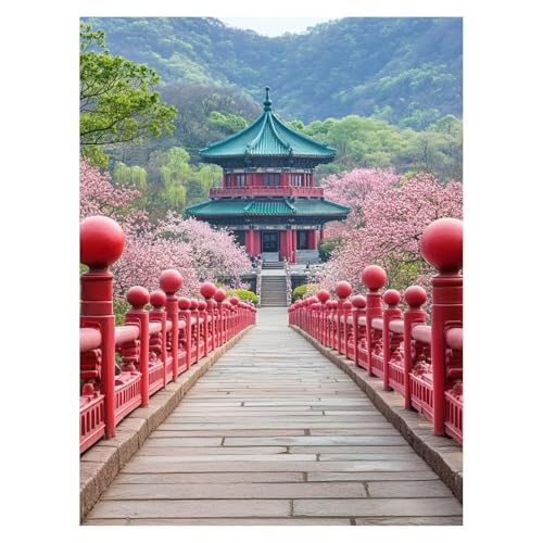 数字油絵 日本の建築 ペイントバイナンバー 手芸キット 桜 DIY Paint by Numbers 135x100 Cm 数字でペイント手作りキット カラフル キャンバス絵画 初心者向手芸芸術品 壁の装飾 ホーム オフィス装飾 ギフト (フレームレス)