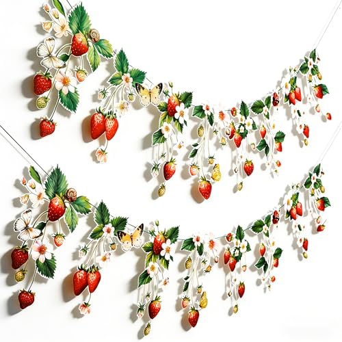 Image of Paper Jazz 2pcs Strawberry Garland Strawberry Themed Favor for 1st Birthday Party Strawberry Shortcake Banner with Butterfly and White Flower for Garden Classroom Table for Girl Women