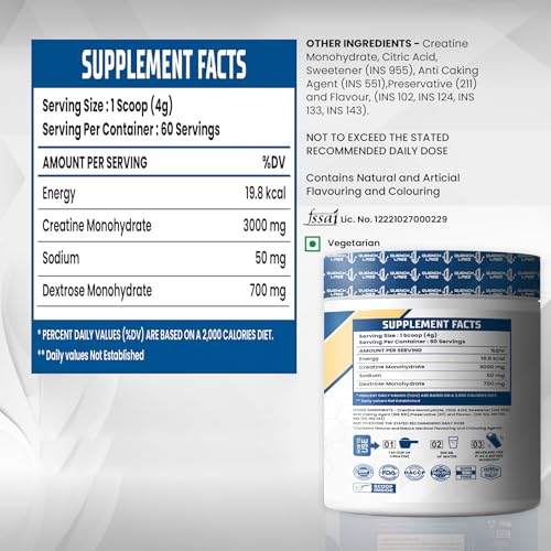 Image of Creatine Powder 3000 mg | Mircronized Creatine Monohydrate | Creatine Monohydrate 100g for For Lean Pump and Volumization | Gym Supplement for Men for Pump and Strenght - Unflavoured Powder - 33 Servings - Pouch (240 GM, Candy Orange)