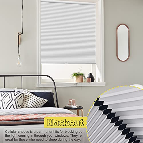 Keego Cellular Shades Cordless Window Shades Free-Stop Blackout Blinds Single Cell Honeycomb Blinds (White Color, 34" W X 48" H) #TOP3