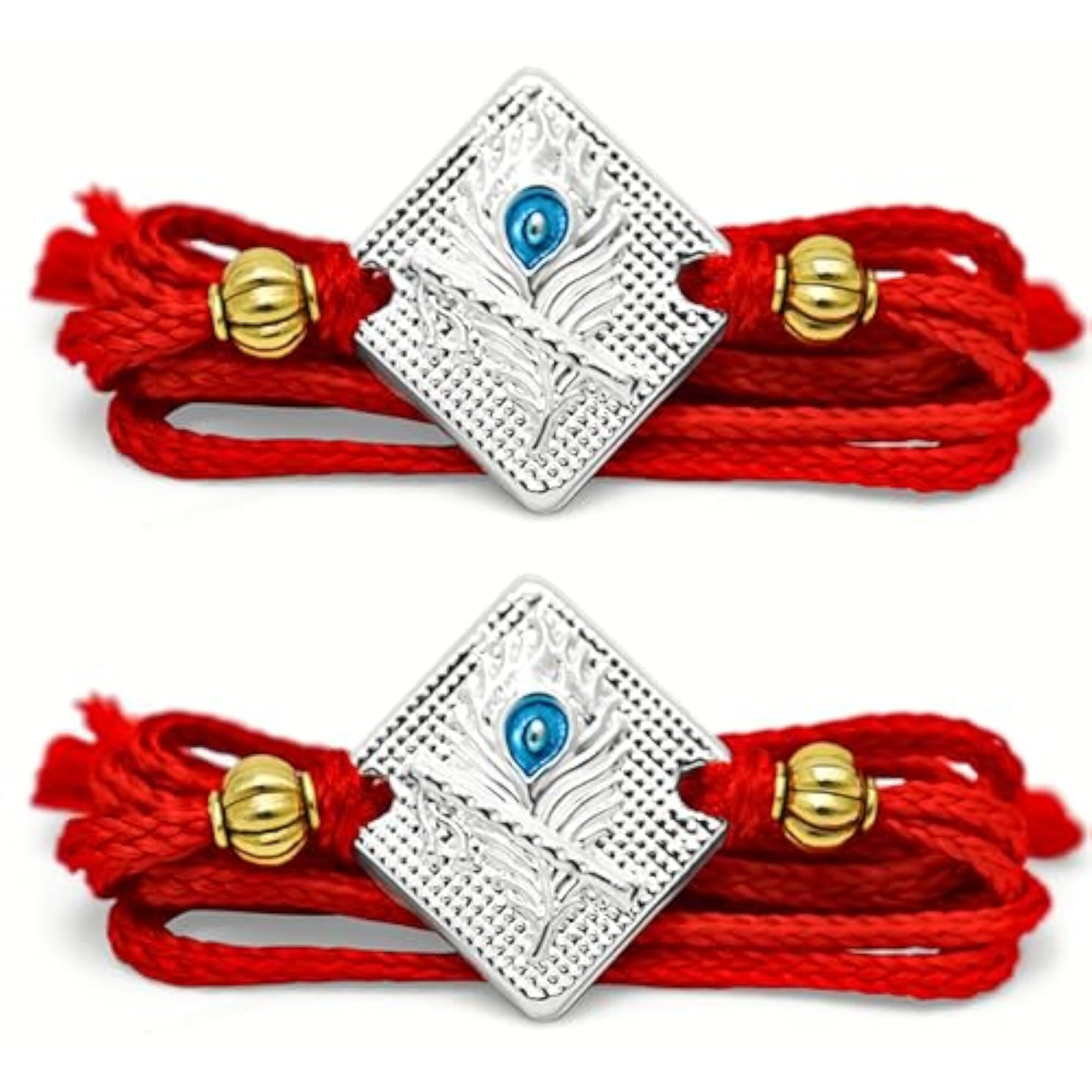 925 Sterling Silver Peacock Feather Rakhi with Red Thread