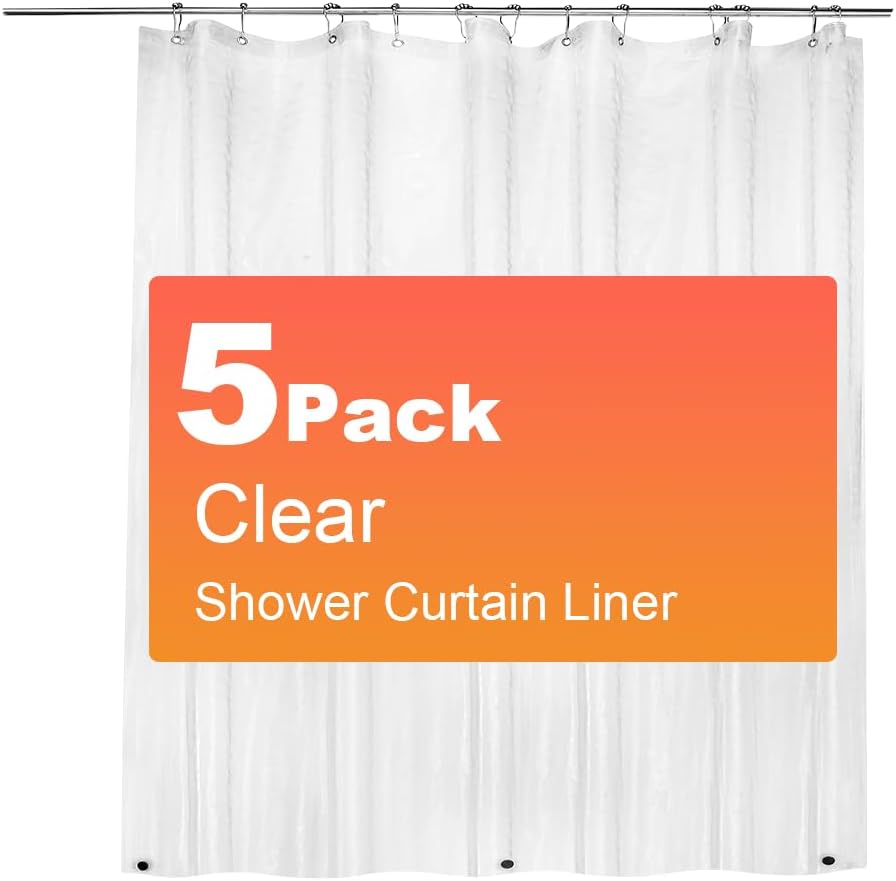ZEMAHOME 5 Pack PEVA Plastic Shower Curtain Liner Premium Light Weight 72" x 72" Clear Bathroom Shower Showroom Curtain Liner with Rustproof Metal Gromments and Weighted Magnet
