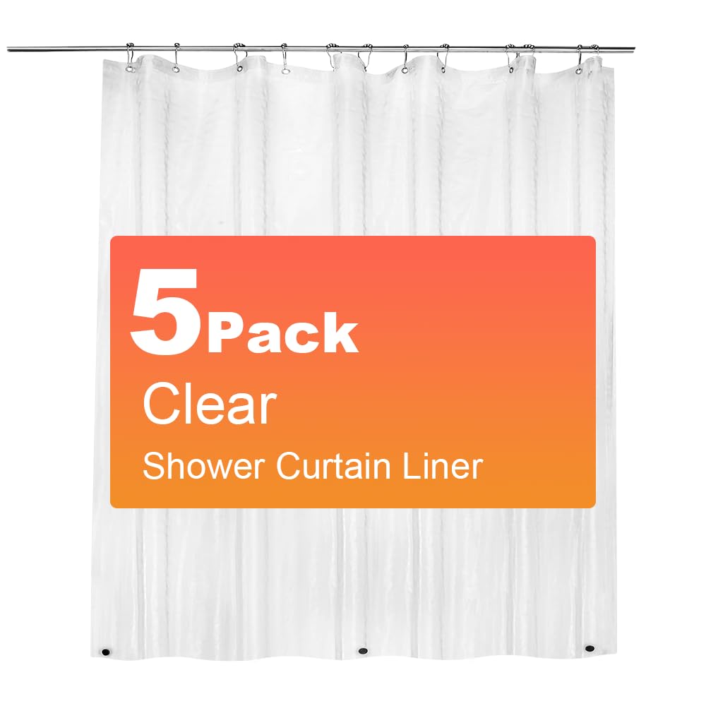 ZEMAHOME 5 Pack PEVA Plastic Shower Curtain Liner Premium Light Weight 72" x 72" Clear Bathroom Shower Showroom Curtain Liner with Rustproof Metal Gromments and Weighted Magnet