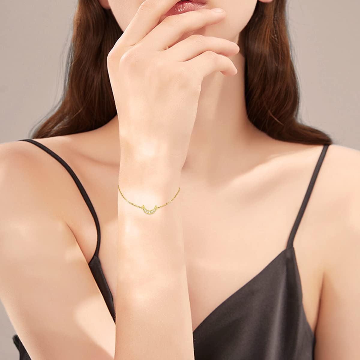 Real 14k Gold Natural Diamond Moon Bracelet for Women, 14 Karat Gold Jewelry Gifts for Her, (0.1ct, 6.8-8.4 Inch) - Image 4