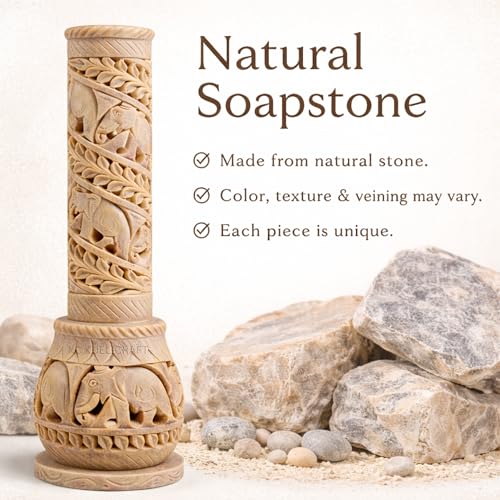 Image of Elephant Carving Agarbatti Stand, 3 x 3 x 10.5 Inches | Soapstone Hand-Carved, Bottle Shape Incense Burner Holder, Ash Catcher for Incense Sticks, Spiritual Decor for Puja Room