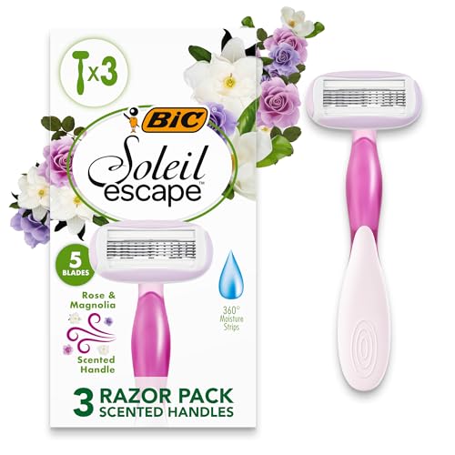 BIC Soleil Escape 5 Blade Womens Disposable Razor Pack of 3 with Rose and Magnolia Scented Moisturizing Strip