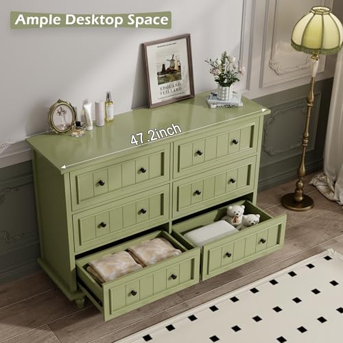 Image of Green 6 Drawer Dresser, Vintage Chest of Drawers, 47.2'' Bedroom Cabinet | Large Capacity, Farmhouse Dresser for Closet, Wood Storage Cabinet, Antique Roman Column Legs, Painted Finish, Easy Assembly