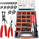 352Pcs Black Spring Band Hose Clamps Set,15 Sizes (6-25mm) with 3 Essential Tools,Constant Tension Steel Clamps for Fuel Lines,Vacuum Hoses,Silicone Tubes,Radiator Hoses
