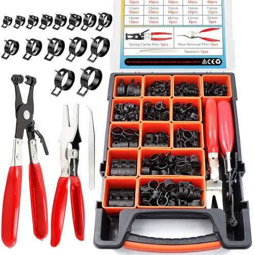 352Pcs Black Spring Band Hose Clamps Set,15 Sizes (6-25mm) with 3 Essential Tools,Constant Tension Steel Clamps for Fuel Lines,Vacuum Hoses,Silicone Tubes,Radiator Hoses