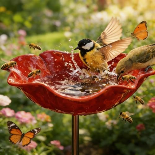 Handmade Metal Flower Garden Stake with Bird Bath & pollinator Water Station, Bee Bath for Garden Metal Bee Water Feeder with Flower Design for Outdoor Yard Decor (1 PC)