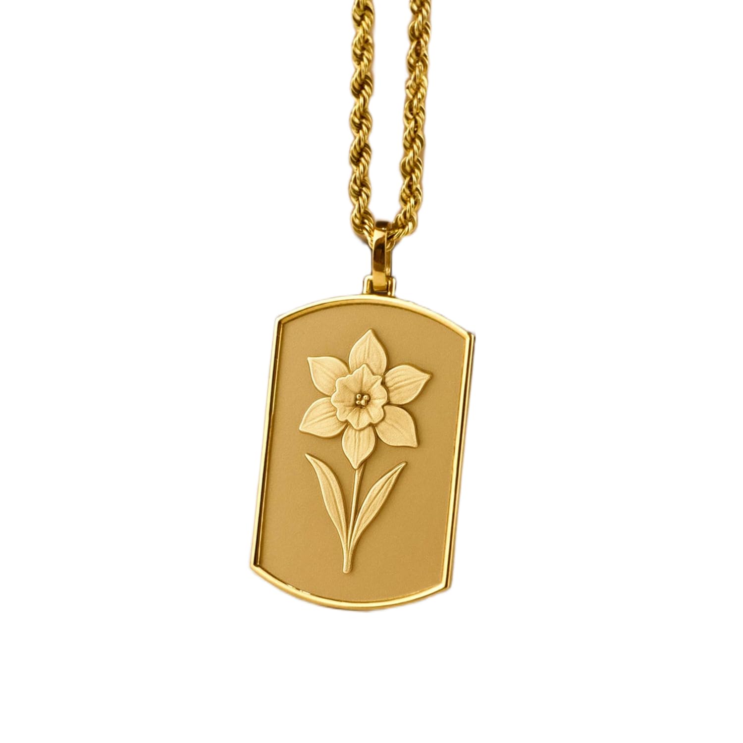 Collier pendentif pièce gravée fleur de jonquille argent or 45cm