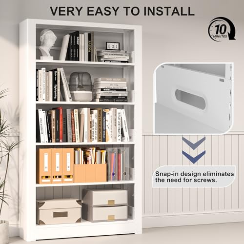 Image of VASAAOSD White Bookshelf, 5 Tier Tall Bookshelf, Metal Bookshelves and Bookcases with Adjustable Shelves, Large Bookshelf Open Display Shelves with for Study, Office, Corner (69 inch H)