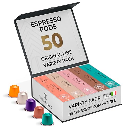 BrewBlack Variety Pack - 50 Aluminium Coffee Pods Compatible with Nespresso Original line - Medium & Dark Roast Coffee Capsules Made in Italy