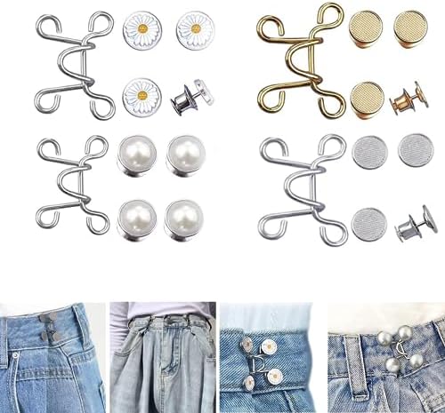 16 Pieces Adjustable Waist Buckle Extender Set, 8 Set 4 Style Jean Button Pins No Sewing Required Pants Clips for Waist, Pant Waist Tightener for Jeans Dress Perfect Fit Instant Button