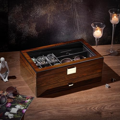 BEWISHOME Men’s Jewelry Box Organizer with Watch Box, 6-Slot Watch Box & Sunglasses Organizer with Drawer, PU Leather Interior, Solid Wooden Watch Case Display with Large Clear Glass Lid, Gift Idea