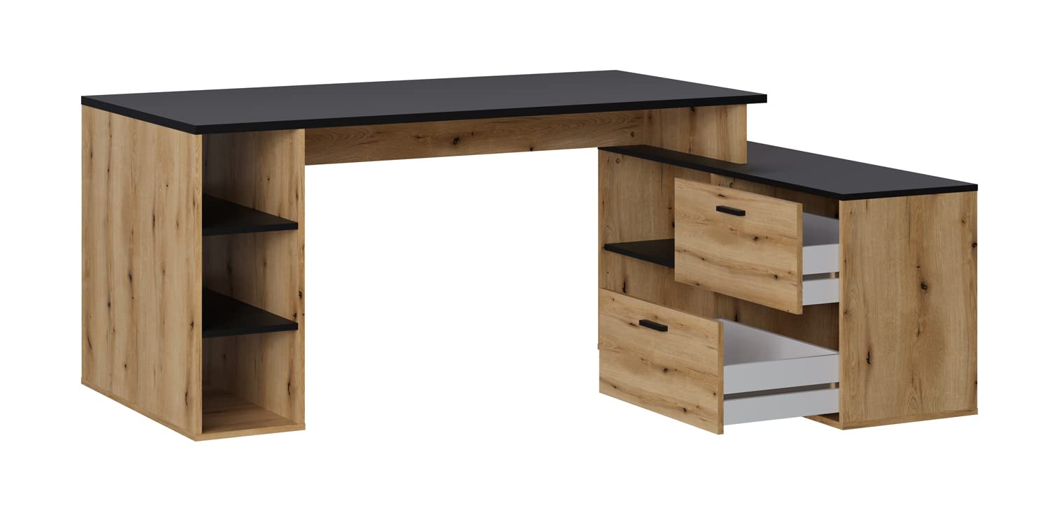 Bureau d'angle PEGANE imitation chêne rustique et noir avec plateau résistant de 183 cm