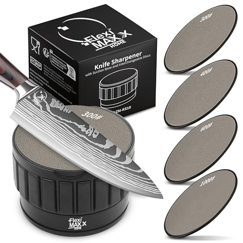 Fleximaxx Home Profi Messerschärfer – Rollschleifer mit 2 wendbaren Scheiben (300/400/600/1000) – Diamant Schleifstein mit Saugnapf-System –...