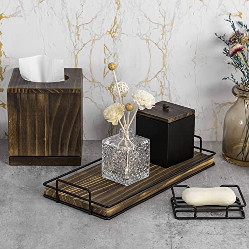 MyGift 4 Pc Bath Accessories Set, Rustic Burnt Wood and Industrial Matte Black Metal Bathroom Combo Set - Tissue Box Cover, Soap Dish, Cotton Swab Holder, Vanity Tray - Image 2