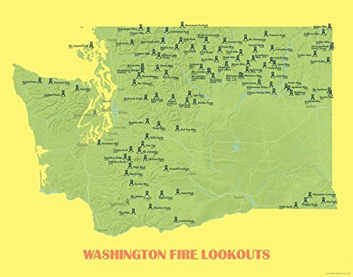 Washington Fire Lookouts Map 11x14 Print (Green & Yellow)