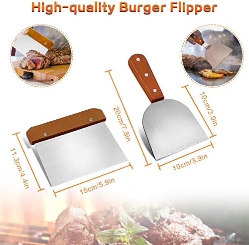 MAIKEHIGH 8Pcs BBQ Grill Spatula Set, Heavy Duty Griddle Scraper Accessories Kit Stainless Steel Burger Flipper Tool Teppanyaki Cooking Utensils for Grilling, Barbecue, Flat Top, Pancake